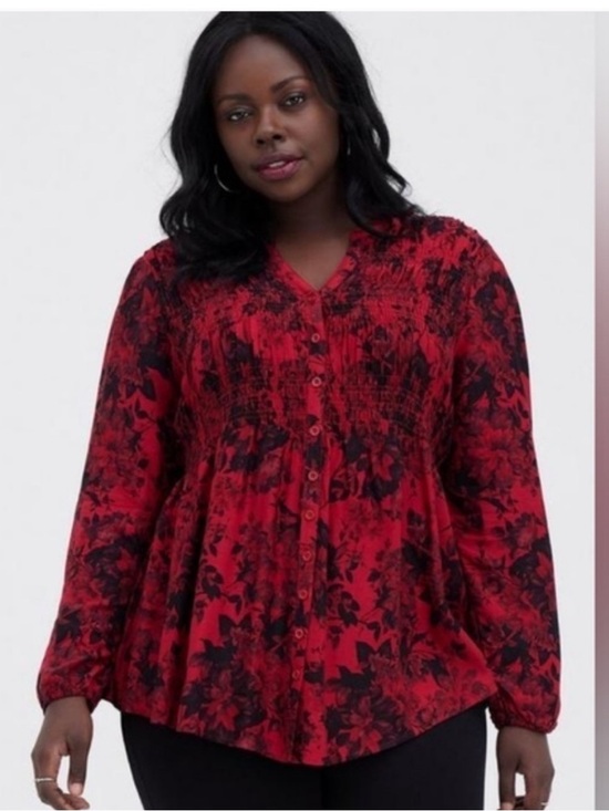 torrid Tops - Torrid Smocked Babydoll Tunic 2X Red Black Floral Button Front High Low Top